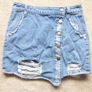 FOREVER 21 distressed asymmetrical button up denim skirt